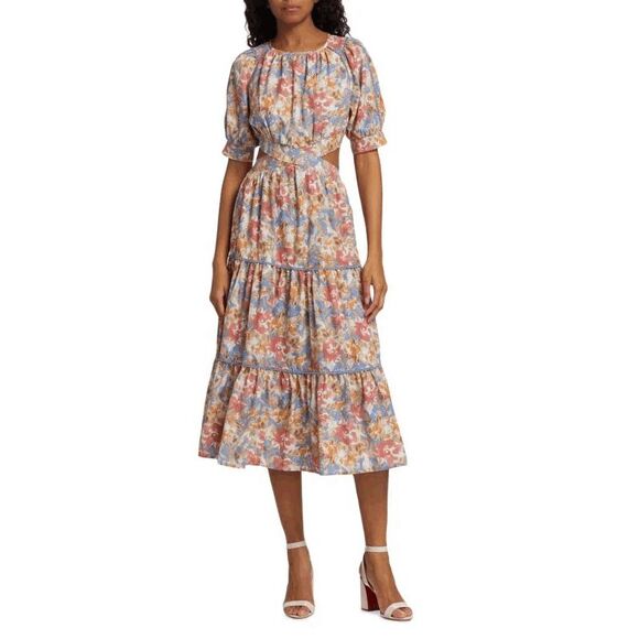 NWT En Saison Floral Cutout Puff Sleeve Soleil Midi Dress Multicolor Medium $145 - Picture 1 of 11